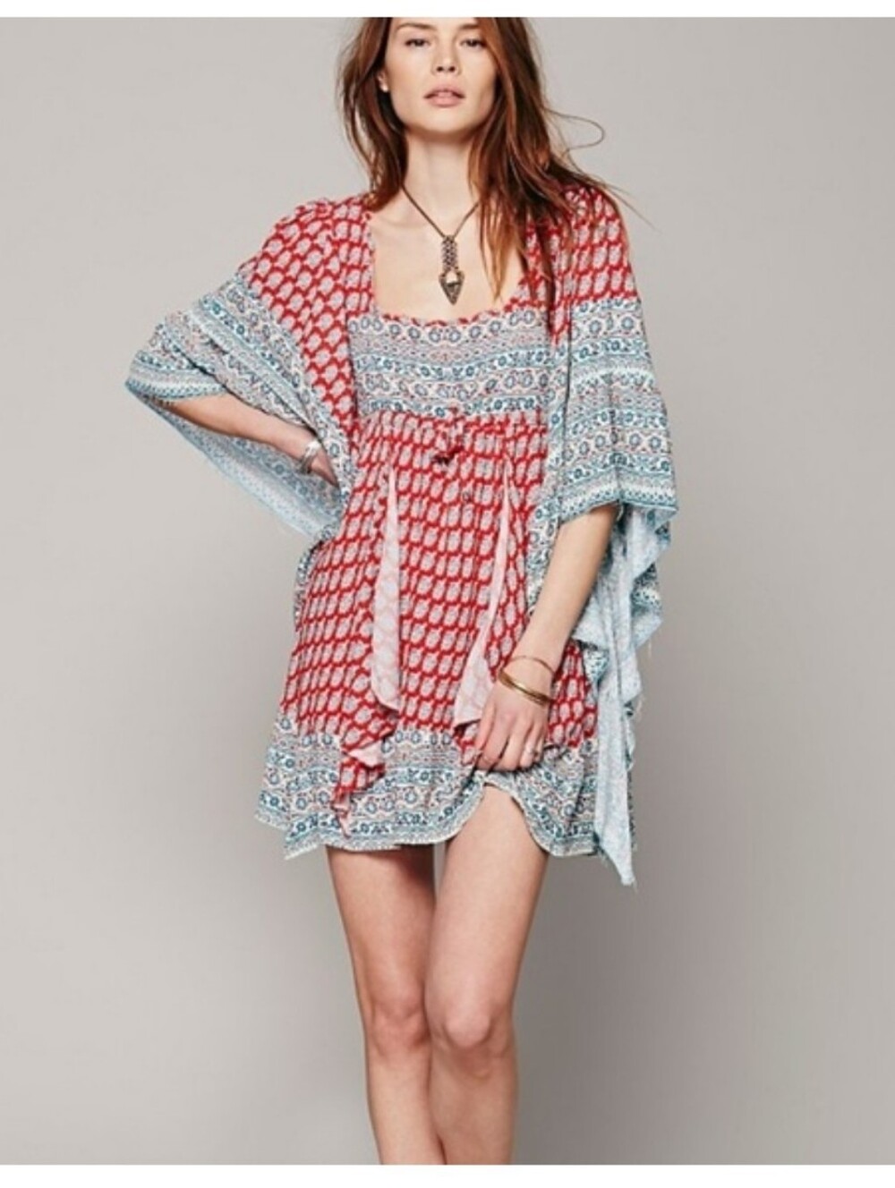 Free People Red and Light Blue Printed Boho Mini Dress XS